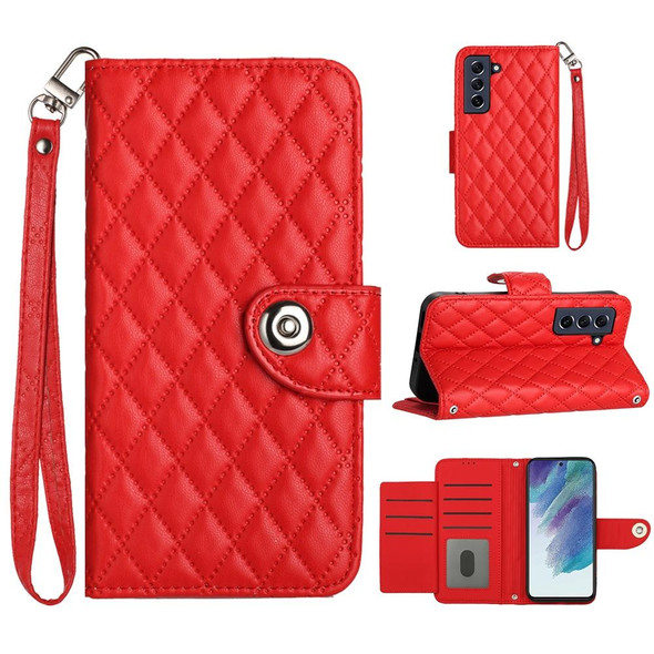 For Samsung Galaxy S21 FE 5G Rhombic Texture Flip Leather Phone Case with Lanyard(Red)