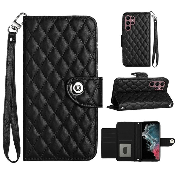 For Samsung Galaxy S22 Ultra 5G Rhombic Texture Flip Leather Phone Case with Lanyard(Black)