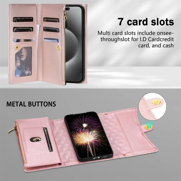 For Samsung Galaxy S21+ 5G Zipper Multi-Card Wallet Rhombic Leather Phone Case(Rose Gold)