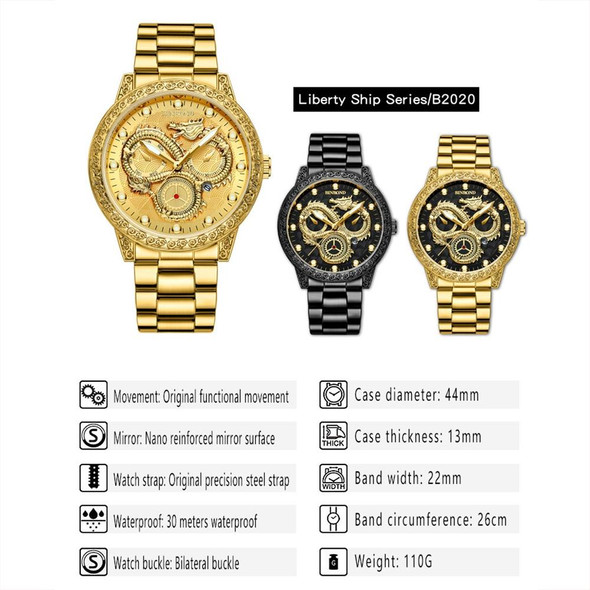 BINBOND B3030 Embossed Dragon Luminous Waterproof Quartz Watch, Color: Full-gold White