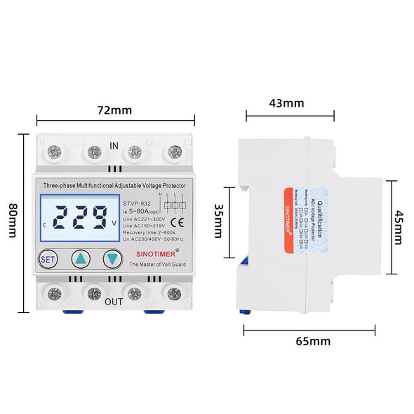 SINOTIMER STVP-932 80A 3-phase 380V LCD Self-resetting Adjustable Surge Voltage Protector