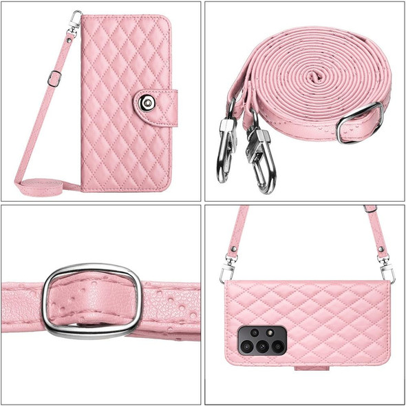 For  Samsung Galaxy A52 4G / 5G Rhombic Texture Flip Leather Phone Case with Long Lanyard(Pink)