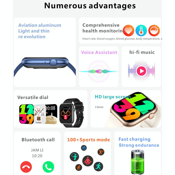 QX7 Pro 2.0 inch BT5.2 Smart Sport Watch, Support Bluetooth Call / Sleep / Blood Sugar / Blood Oxygen / Temperature / Heart Rate / Blood Pressure Health Monitor(Black)