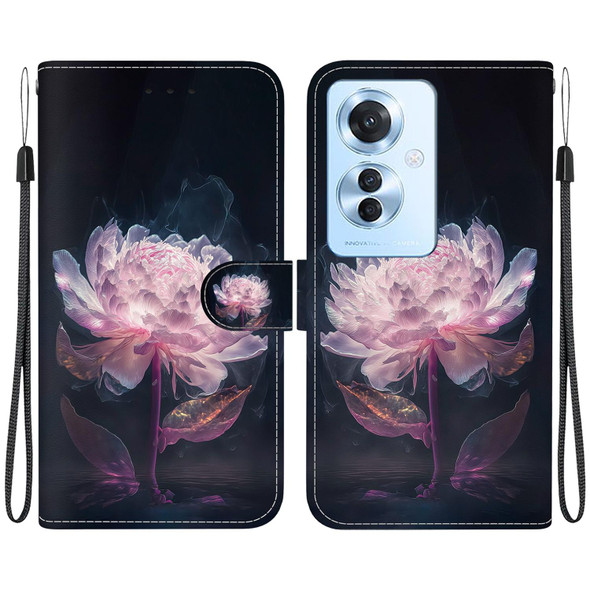 For OPPO Reno11 F Global Crystal Texture Colored Drawing Leather Phone Case(Purple Peony)