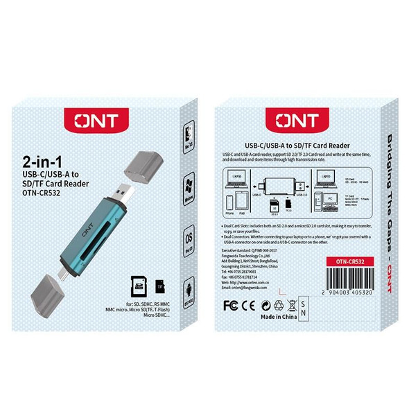 Onten CR532 2 in 1 USB-A / USB-C to SD2.0 / TF2.0 USB Card Reader(Pine Green)