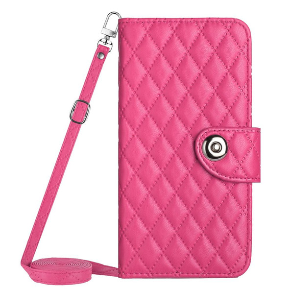 For Samsung Galaxy S22 Ultra 5G Rhombic Texture Flip Leather Phone Case with Long Lanyard(Rose Red)