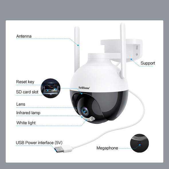 SriHome SH045 2MP DC5V IP66 Waterproof AI Auto Tracking Night Vision WiFi HD Camera(EU Plug)