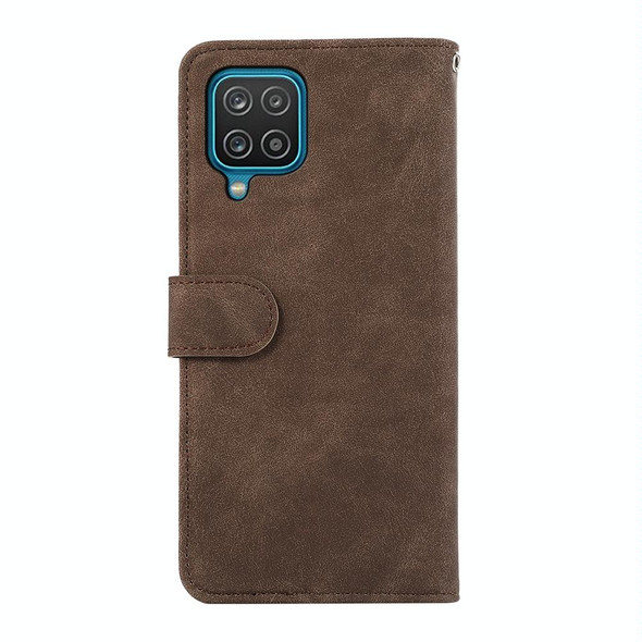 For Samsung Galaxy A12 ABEEL Color Block Magnetic RFID Leather Phone Case(Brown-Blue)