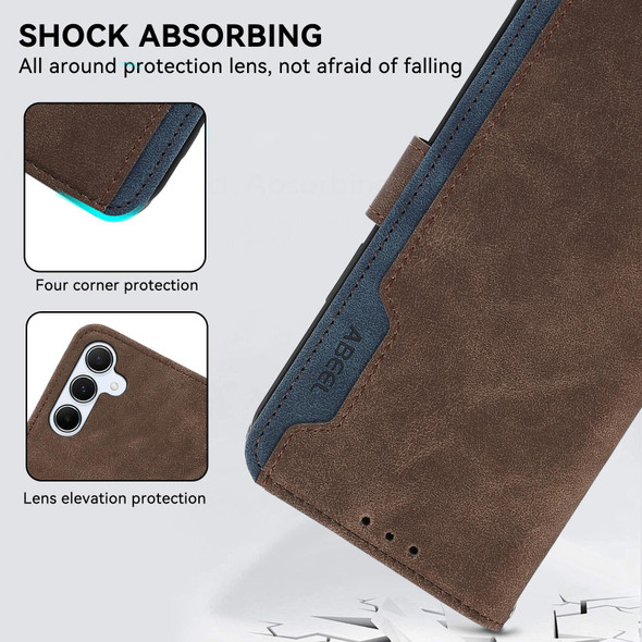 For Samsung Galaxy S21 FE 5G ABEEL Color Block Magnetic RFID Leather Phone Case(Brown-Blue)