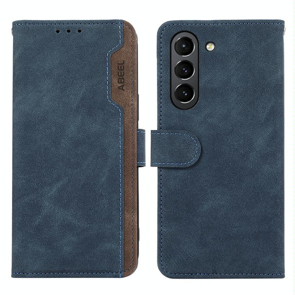 For Samsung Galaxy S21 FE 5G ABEEL Color Block Magnetic RFID Leather Phone Case(Blue-Brown)