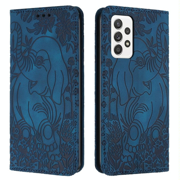 For Samsung Galaxy A52 Retro Elephant Embossed Leather Phone Case(Blue)