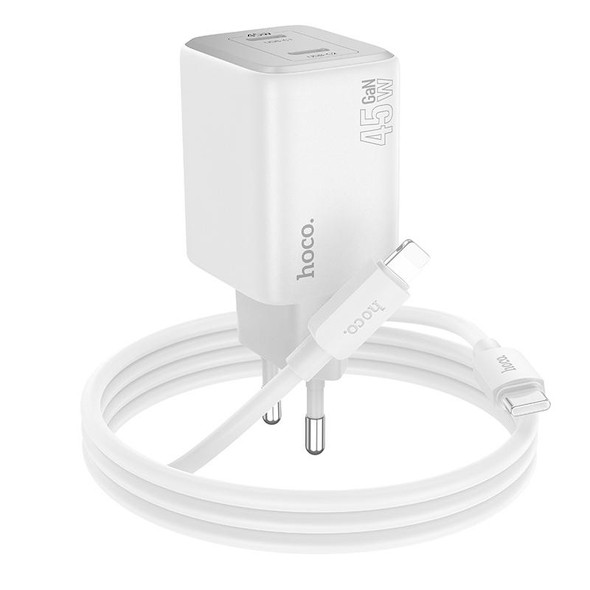 hoco N42 Elogiado PD45W Dual-port Type-C Charger with Type-C to 8 Pin Cable, EU Plug(White)