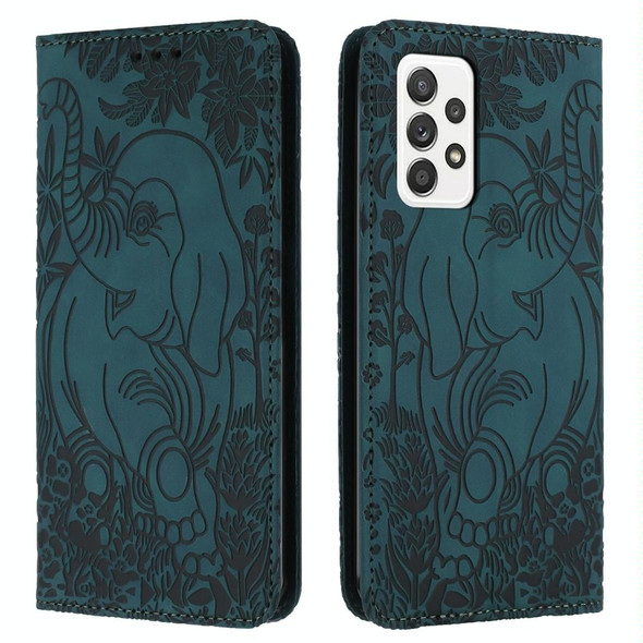 For Samsung Galaxy A53 Retro Elephant Embossed Leather Phone Case(Green)