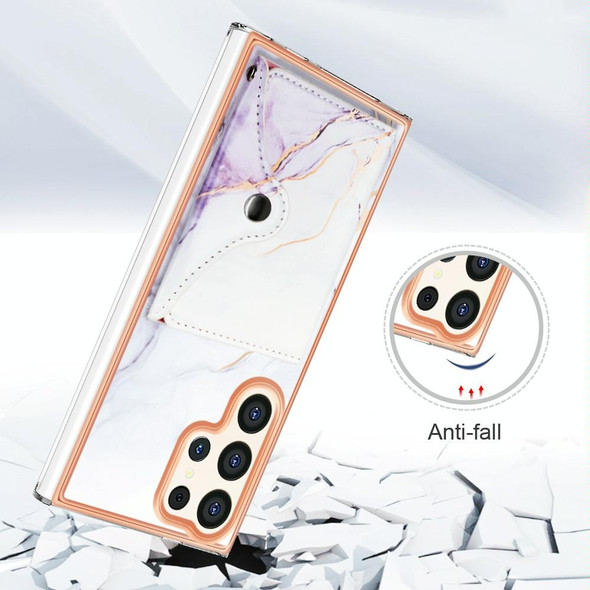 For Samsung Galaxy S23 Ultra 5G Marble Pattern IMD Card Slot Phone Case(White Purple)