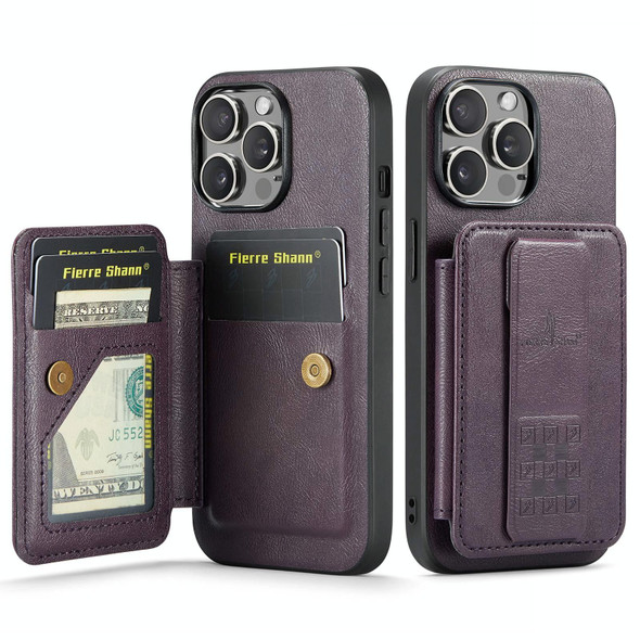 For iPhone 12 / 12 Pro Fierre Shann Oil Wax Cow Leather Card Holder Back Phone Case(Purple)