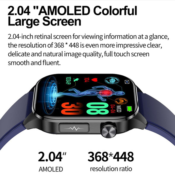 ET580 2.04 inch AMOLED Screen Sports Smart Watch Support Bluethooth Call /  ECG Function(Black Silicone Band)