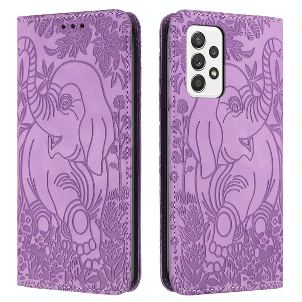 For Samsung Galaxy A33 Retro Elephant Embossed Leather Phone Case(Purple)