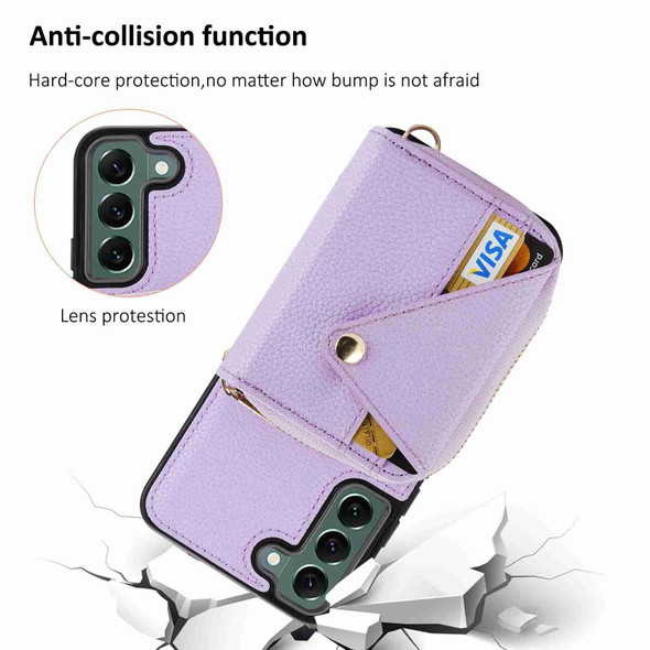 For Samsung Galaxy S22+ 5G Crossbody Zipper Card Bag RFID Anti-theft Phone Case(Purple)