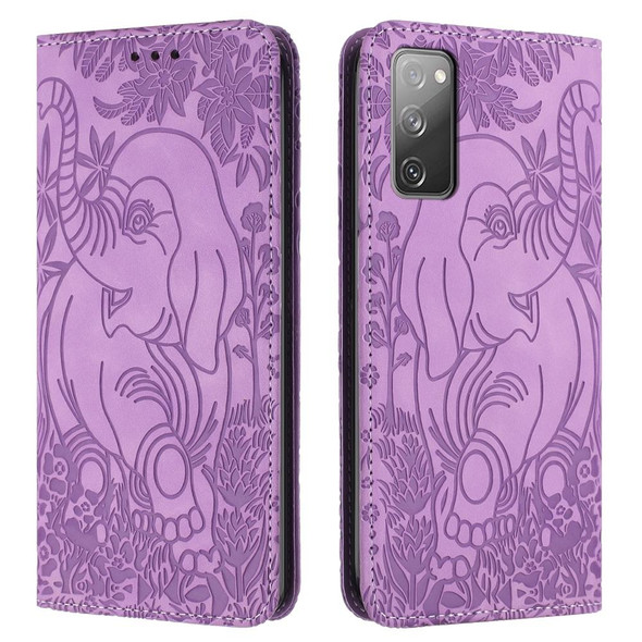 For Samsung Galaxy S20 FE 5G Retro Elephant Embossed Leather Phone Case(Purple)