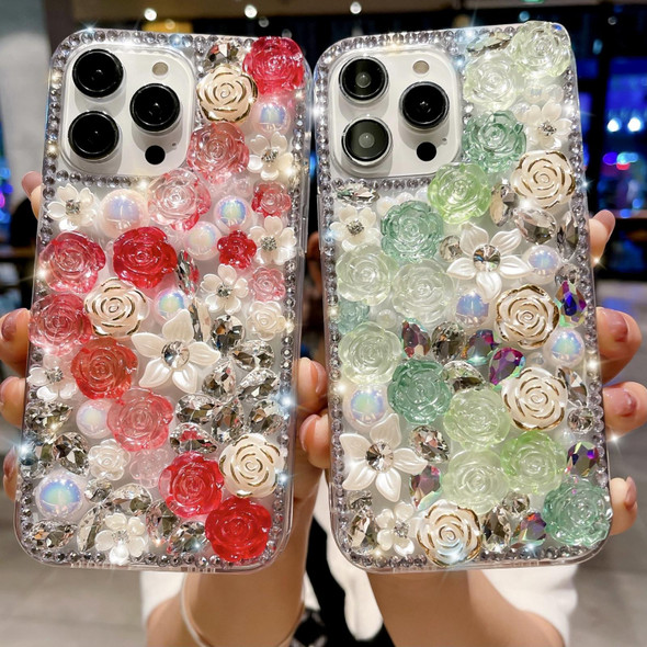 For iPhone 14 Plus Rose Hand-set Pearl Diamond PC Phone Case(Red)