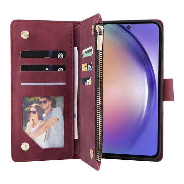 For Samsung Galaxy A55 5G Multifunctional Frosted Zipper Wallet Leather Phone Case(Wine Red)