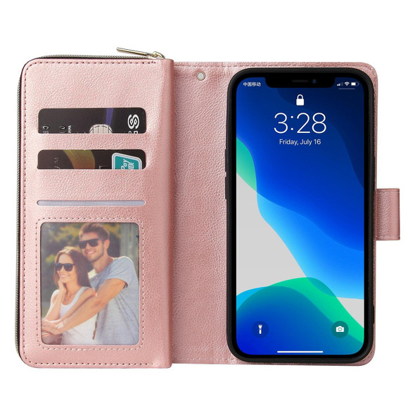 9 Card Slots Zipper Wallet Bag Leatherette Phone Case - iPhone 13 Pro Max(Rose Gold)