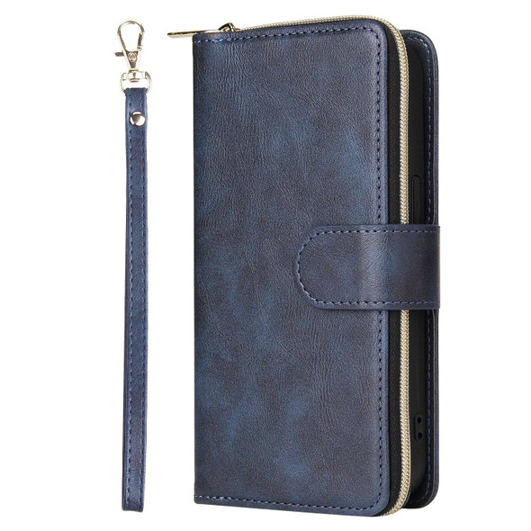 9 Card Slots Zipper Wallet Bag Leatherette Phone Case - iPhone 13 Pro Max(Blue)