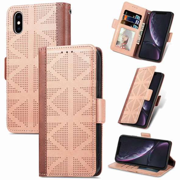 Grid Leather Flip Phone Case - iPhone XS / X(Apricot)