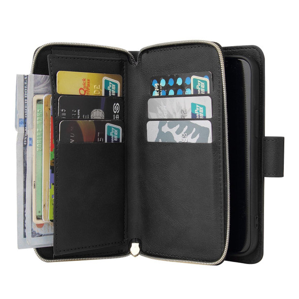 9 Card Slots Zipper Wallet Bag Leatherette Phone Case - iPhone 13(Black)