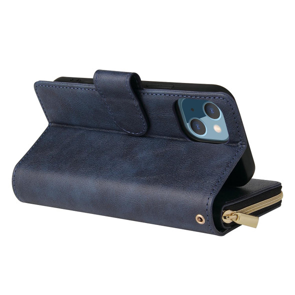 9 Card Slots Zipper Wallet Bag Leatherette Phone Case - iPhone 13(Blue)