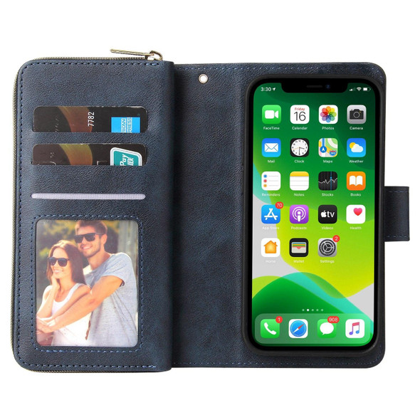 9 Card Slots Zipper Wallet Bag Leatherette Phone Case - iPhone 13(Blue)