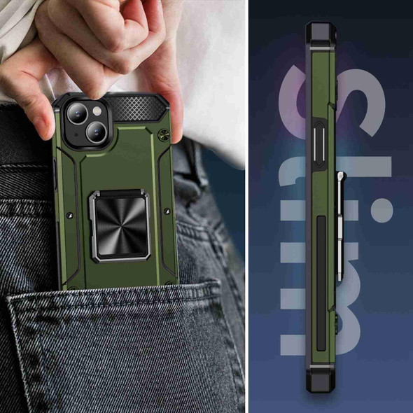 For iPhone 14 Shockproof Metal Holder Phone Case(Olive Green)