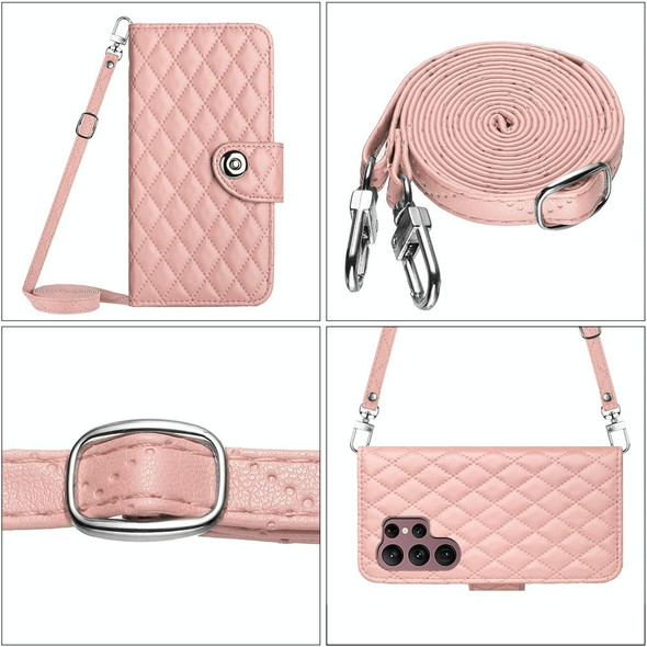 For Samsung Galaxy S22 Ultra 5G Rhombic Texture Flip Leather Phone Case with Long Lanyard(Coral Pink)