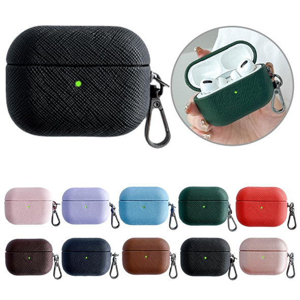 For AirPods Pro 2 Cross Texture PU Leather Bluetooth Earphone Protective Case(Dark Green)