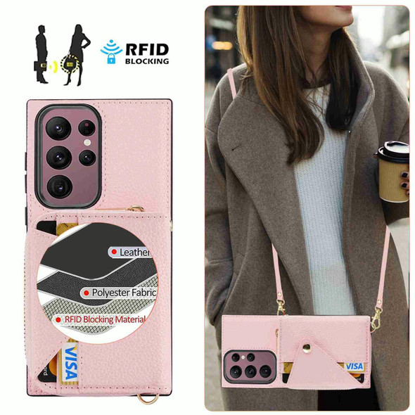 For Samsung Galaxy S22 Ultra 5G Crossbody Zipper Card Bag RFID Anti-theft Phone Case(Pink)