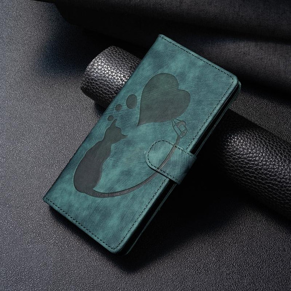 For iPhone 14 Pen Heart Cat Embossed Leather Phone Case(Green)