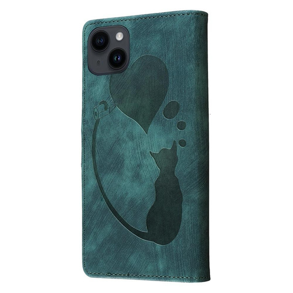 For iPhone 14 Pen Heart Cat Embossed Leather Phone Case(Green)