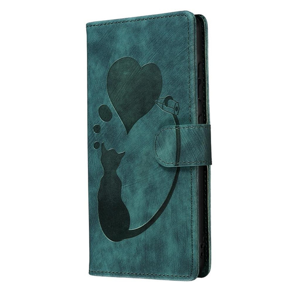 For iPhone 13 Pen Heart Cat Embossed Leather Phone Case(Green)