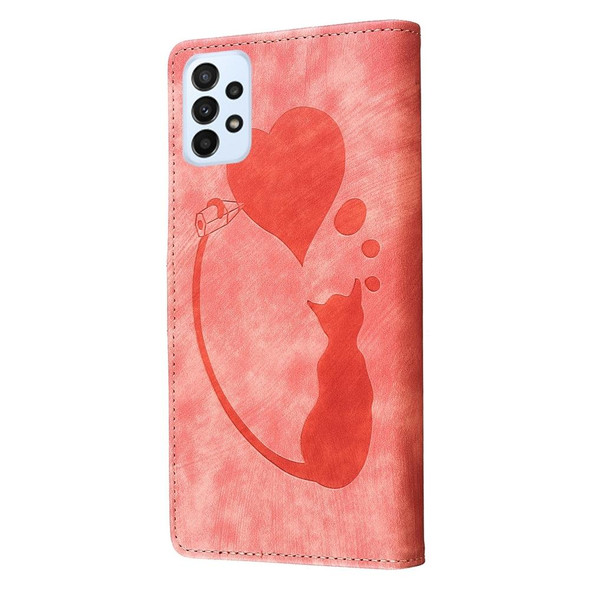 For Samsung Galaxy A23 5G Pen Heart Cat Embossed Leather Phone Case(Orange)