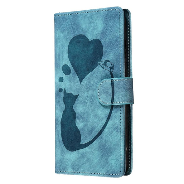 For Samsung Galaxy A25 5G Pen Heart Cat Embossed Leather Phone Case(Blue)