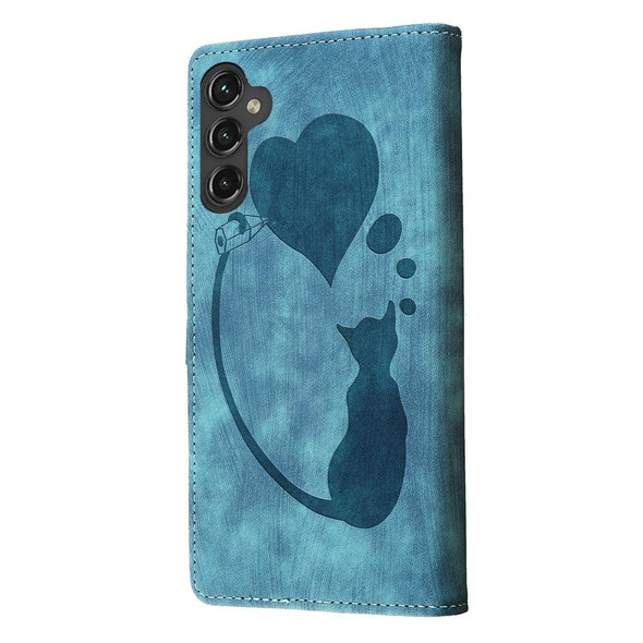 For Samsung Galaxy A25 5G Pen Heart Cat Embossed Leather Phone Case(Blue)