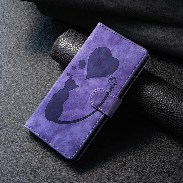 For Samsung Galaxy S23+ 5G Pen Heart Cat Embossed Leather Phone Case(Purple)