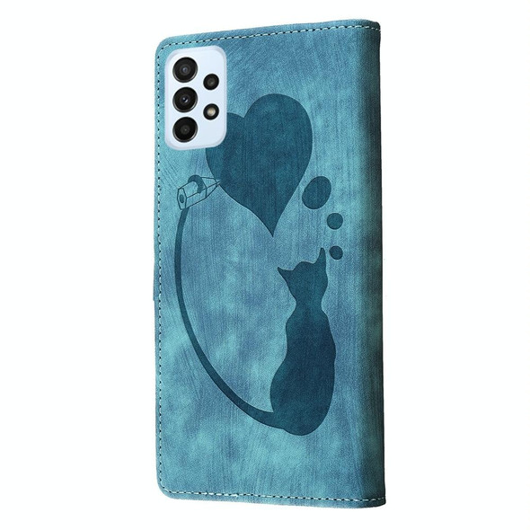 For Samsung Galaxy A23 5G Pen Heart Cat Embossed Leather Phone Case(Blue)