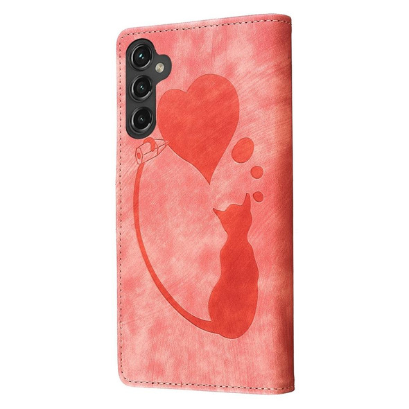 For Samsung Galaxy S24 5G Pen Heart Cat Embossed Leather Phone Case(Orange)