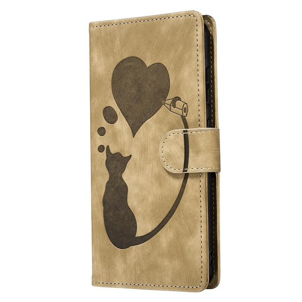 For Samsung Galaxy A52 5G / A52s 5G Pen Heart Cat Embossed Leather Phone Case(Apricot)