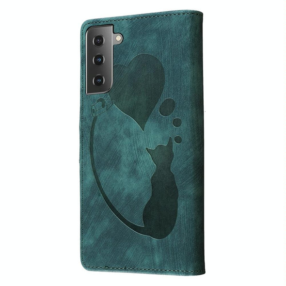 For Samsung Galaxy S22+ 5G Pen Heart Cat Embossed Leather Phone Case(Green)