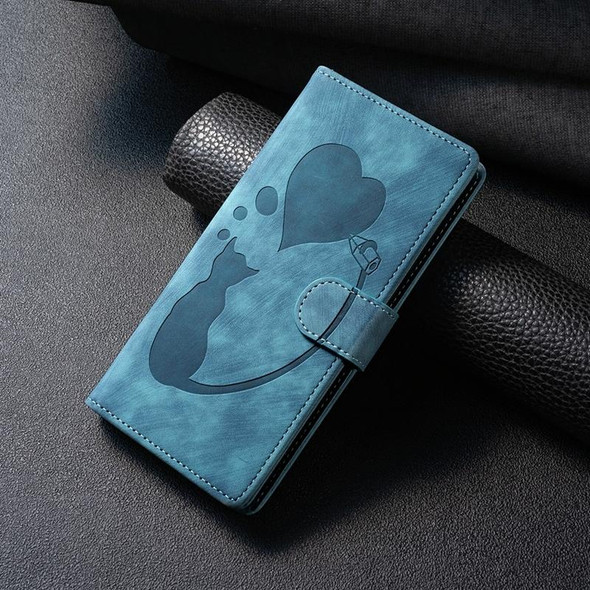 For Samsung Galaxy S20 FE 5G Pen Heart Cat Embossed Leather Phone Case(Blue)