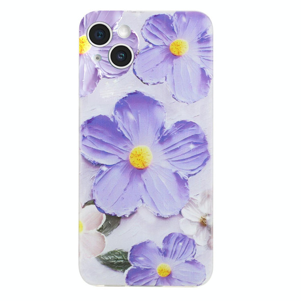 For iPhone 15 Colorful Painting Pattern TPU Phone Case(Purple Flowers)