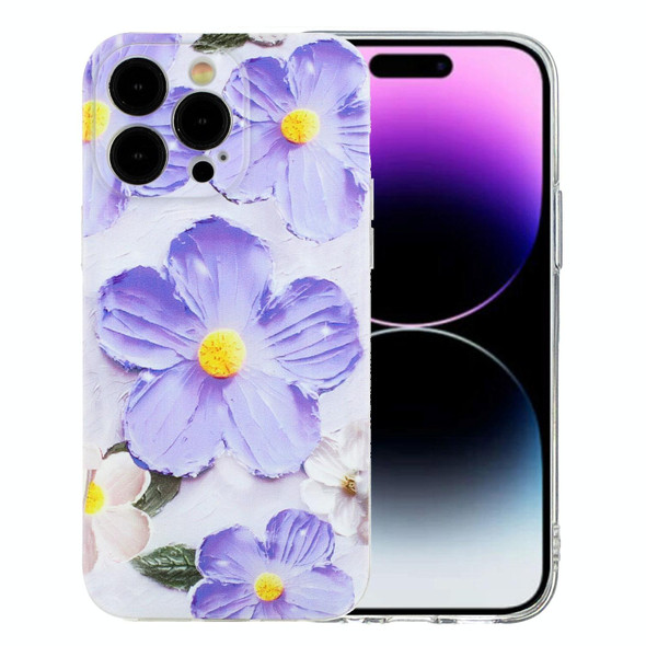 For iPhone 14 Pro Max Colorful Painting Pattern TPU Phone Case(Purple Flowers)