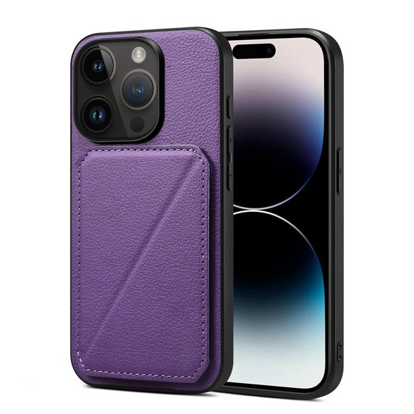 For iPhone 15 Pro Max D04 Calf Texture Dual Card Slot Holder Phone Case(Purple)